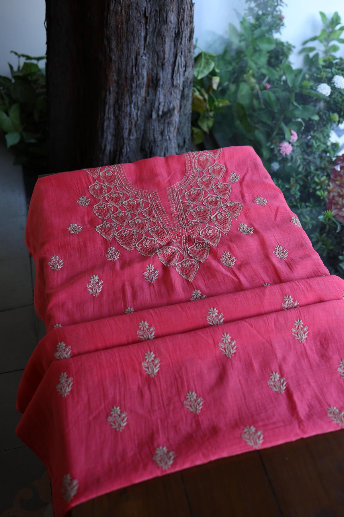 Burnt Pink Mal Chanderi Chikankari Unstitched Kurta & Dupatta Set