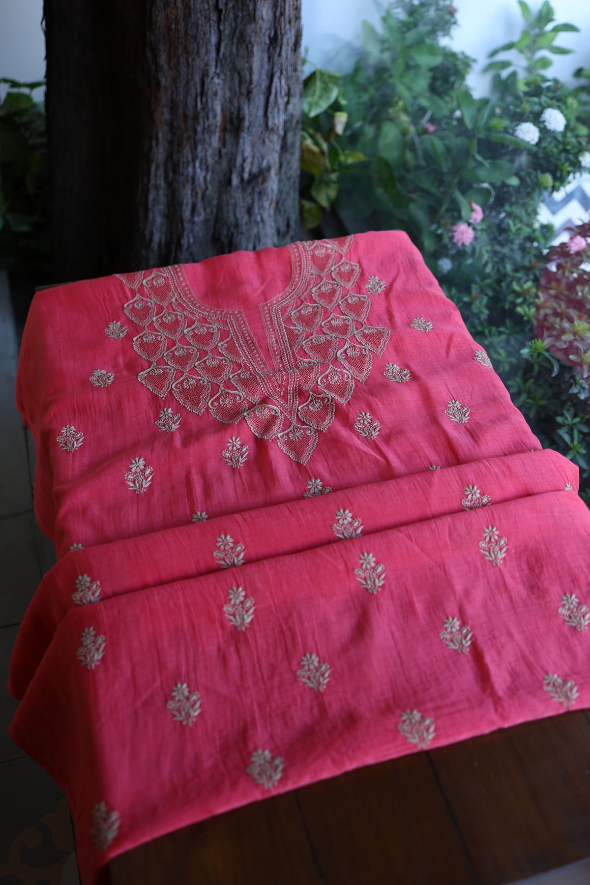 Burnt Pink Mal Chanderi Chikankari Unstitched Kurta & Dupatta Set