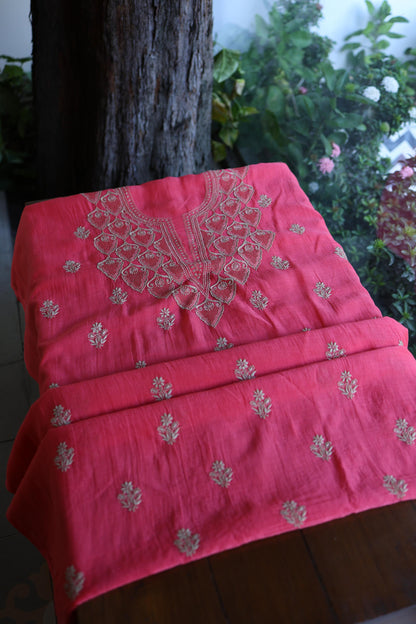 Burnt Pink Mal Chanderi Chikankari Unstitched Kurta & Dupatta Set