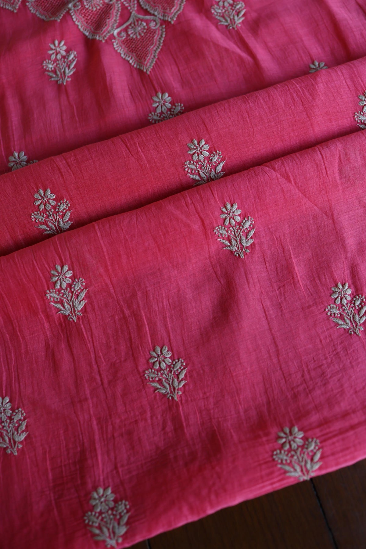 Burnt Pink Mal Chanderi Chikankari Unstitched Kurta & Dupatta Set