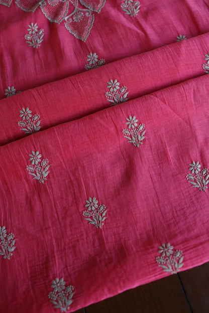 Burnt Pink Mal Chanderi Chikankari Unstitched Kurta & Dupatta Set