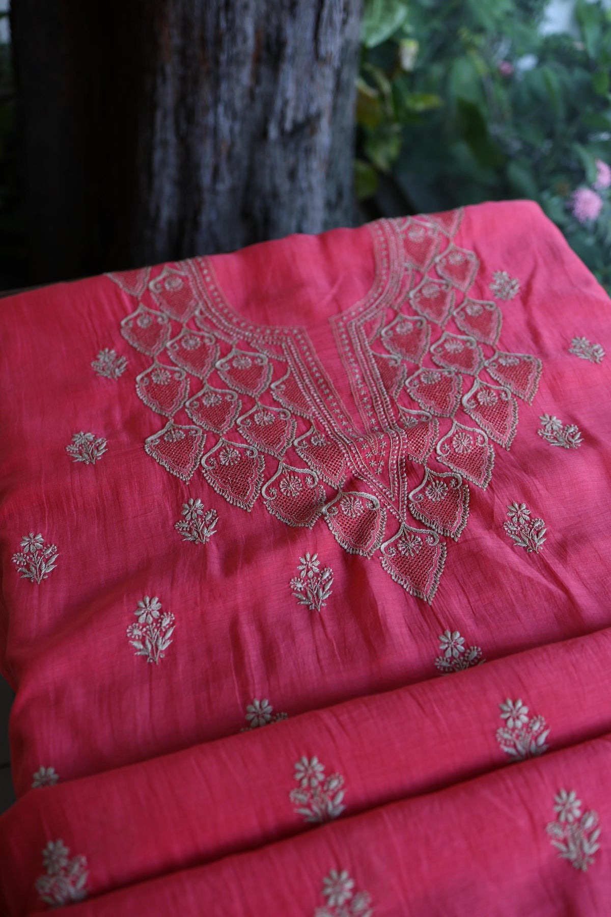 Burnt Pink Mal Chanderi Chikankari Unstitched Kurta & Dupatta Set