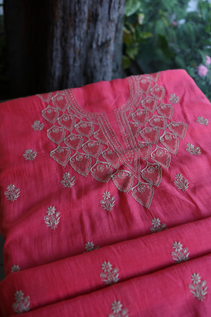 Burnt Pink Mal Chanderi Chikankari Unstitched Kurta & Dupatta Set