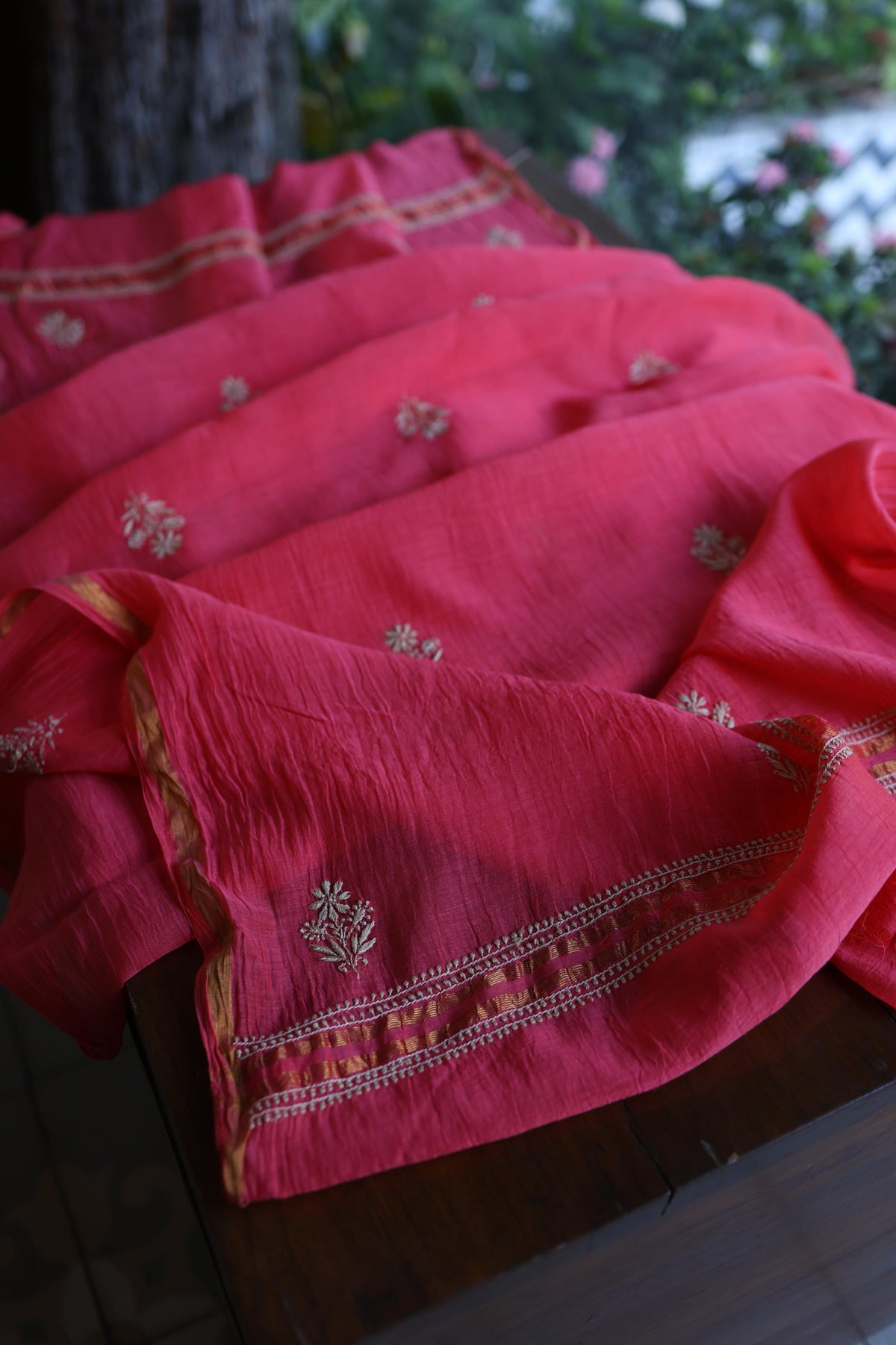 Burnt Pink Mal Chanderi Chikankari Unstitched Kurta & Dupatta Set