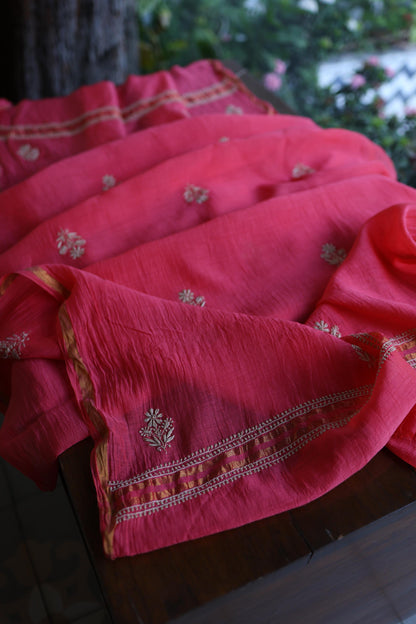 Burnt Pink Mal Chanderi Chikankari Unstitched Kurta & Dupatta Set
