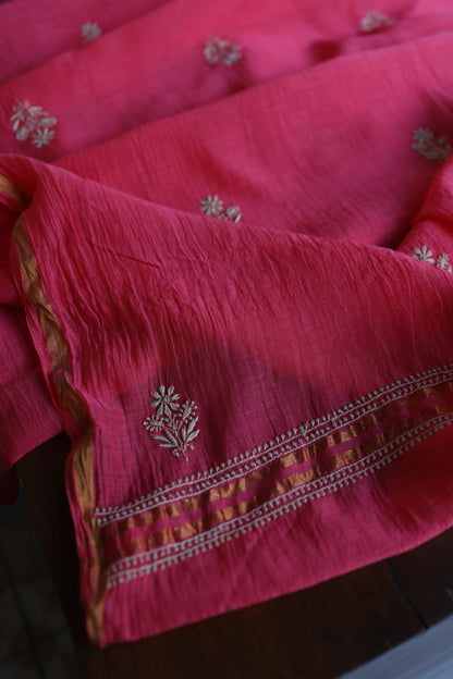 Burnt Pink Mal Chanderi Chikankari Unstitched Kurta & Dupatta Set