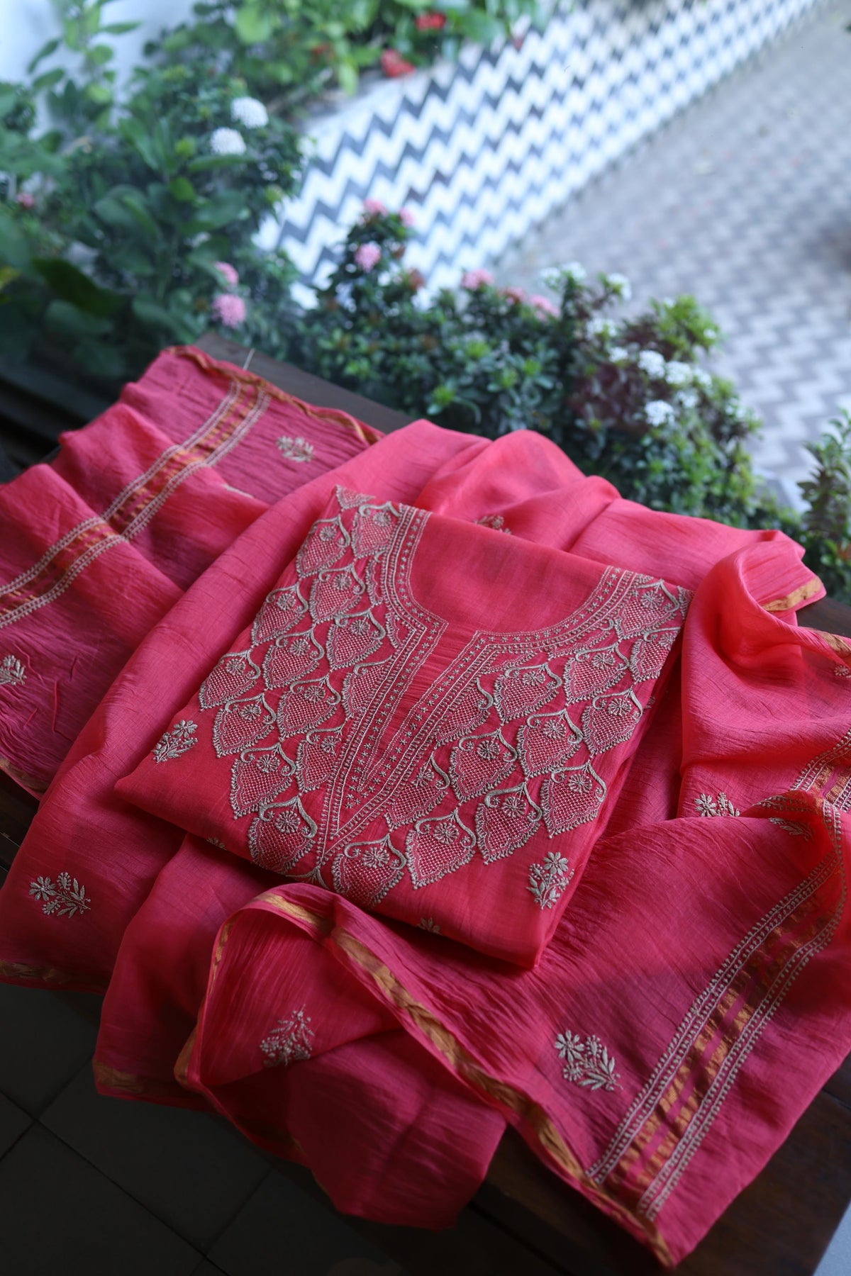 Burnt Pink Mal Chanderi Chikankari Unstitched Kurta & Dupatta Set