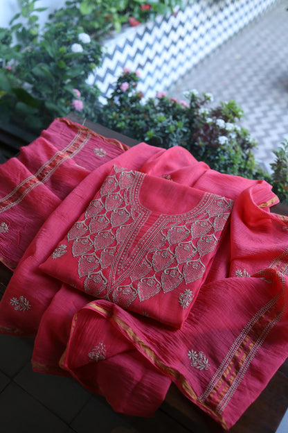 Burnt Pink Mal Chanderi Chikankari Unstitched Kurta & Dupatta Set