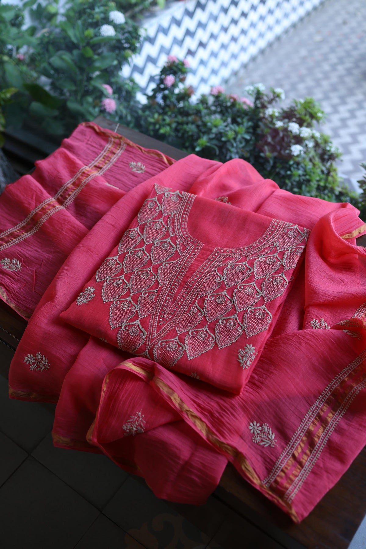 Burnt Pink Mal Chanderi Chikankari Unstitched Kurta & Dupatta Set