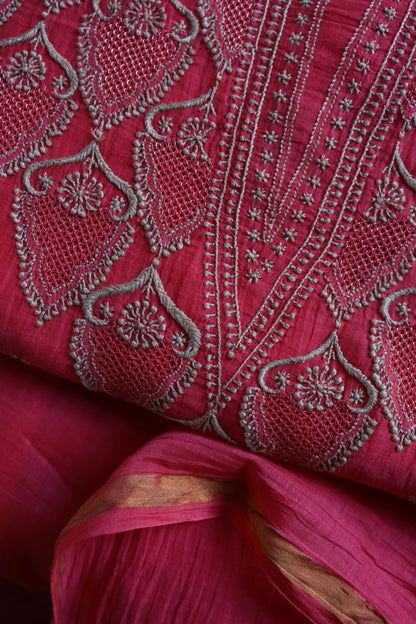 Burnt Pink Mal Chanderi Chikankari Unstitched Kurta & Dupatta Set