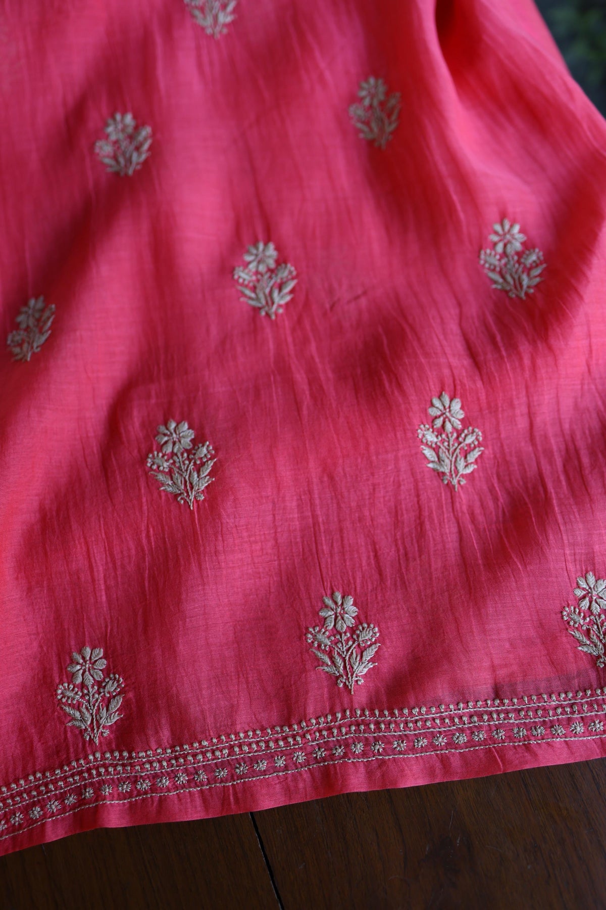 Burnt Pink Mal Chanderi Chikankari Unstitched Kurta & Dupatta Set