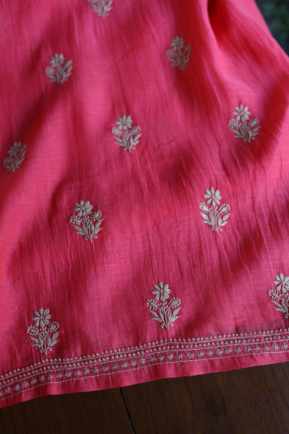 Burnt Pink Mal Chanderi Chikankari Unstitched Kurta & Dupatta Set
