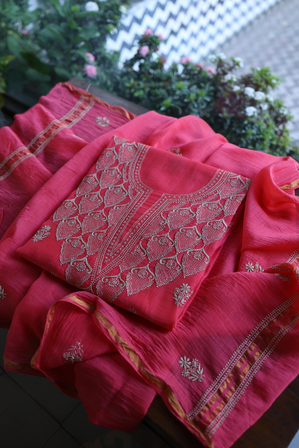 Burnt Pink Mal Chanderi Chikankari Unstitched Kurta & Dupatta Set