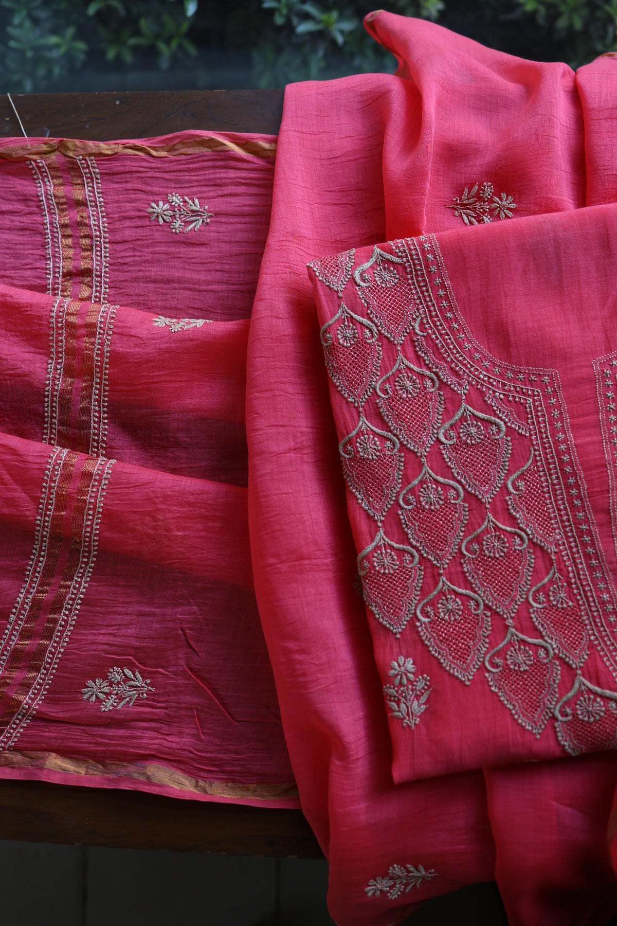 Burnt Pink Mal Chanderi Chikankari Unstitched Kurta & Dupatta Set