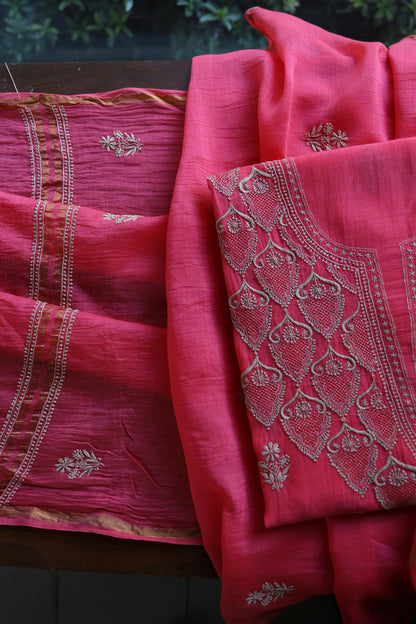 Burnt Pink Mal Chanderi Chikankari Unstitched Kurta & Dupatta Set