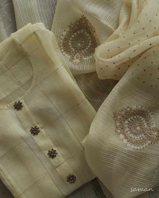 Butter Yellow Black Zari Kota Ready to Wear Kurta Set