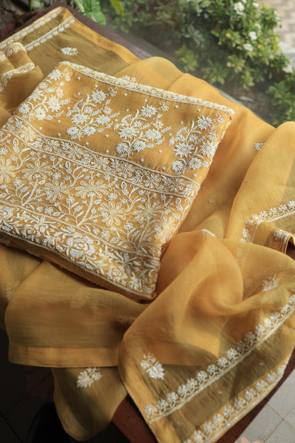Butter Yellow Noor Organza Banarasi Silk Chikankari Unstitched Kurta Dupatta Set