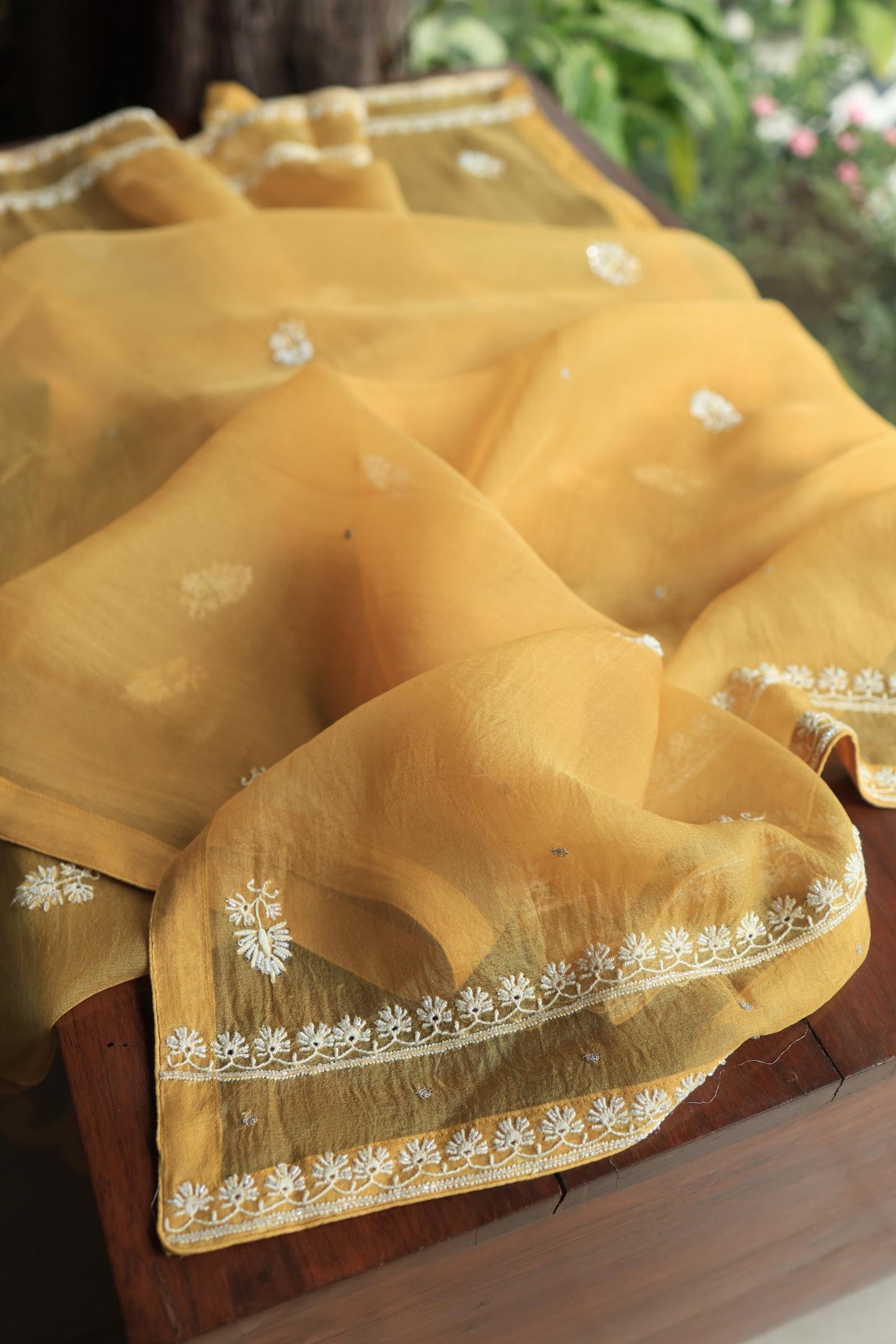 Butter Yellow Noor Organza Banarasi Silk Chikankari Unstitched Kurta Dupatta Set