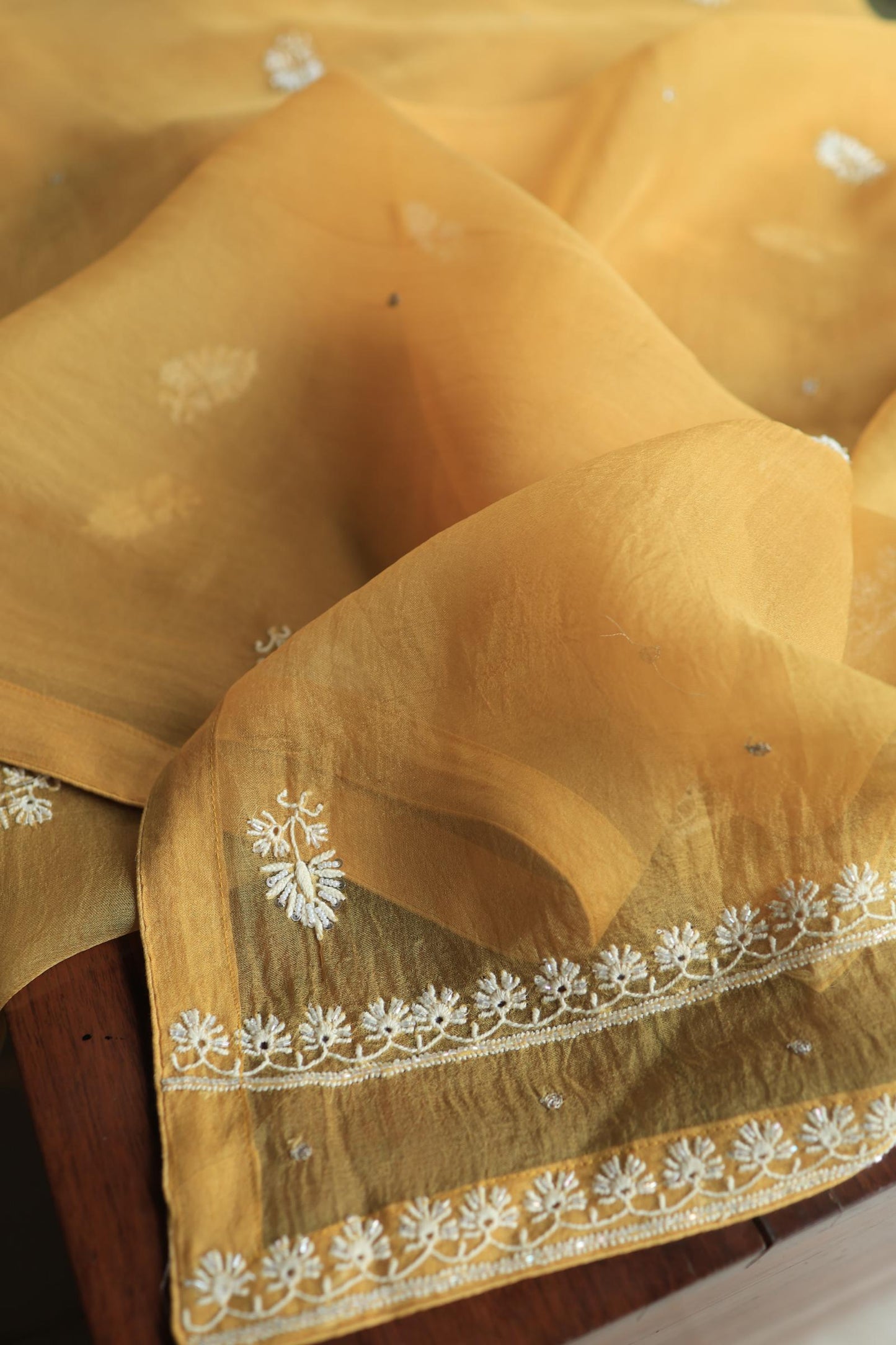 Butter Yellow Noor Organza Banarasi Silk Chikankari Unstitched Kurta Dupatta Set