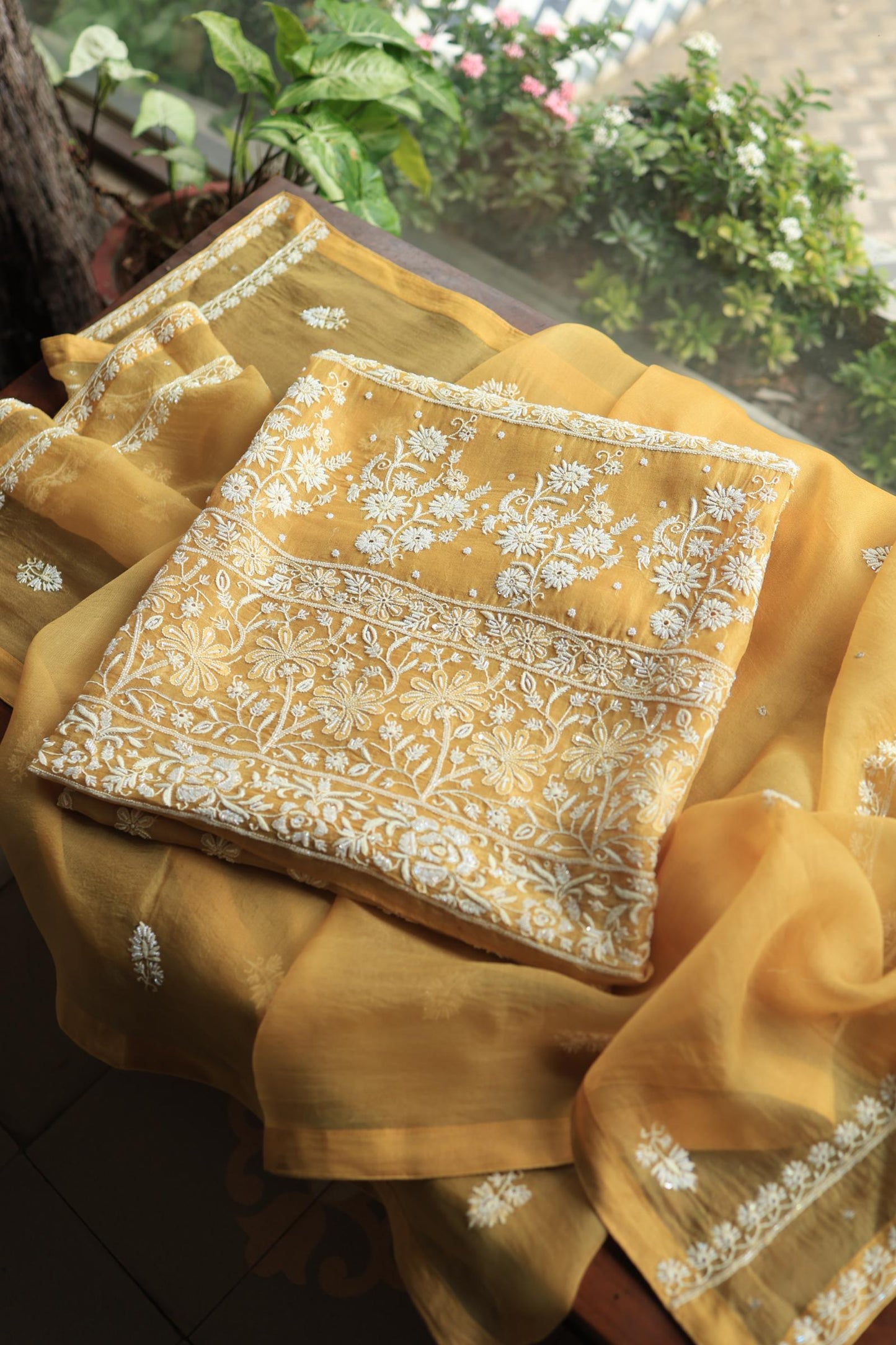 Butter Yellow Noor Organza Banarasi Silk Chikankari Unstitched Kurta Dupatta Set