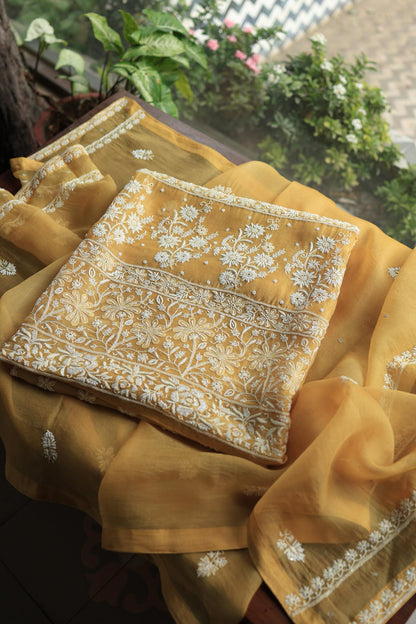 Butter Yellow Noor Organza Banarasi Silk Chikankari Unstitched Kurta Dupatta Set