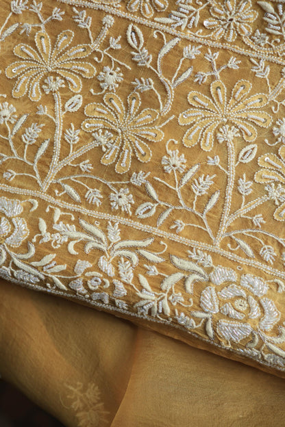 Butter Yellow Noor Organza Banarasi Silk Chikankari Unstitched Kurta Dupatta Set