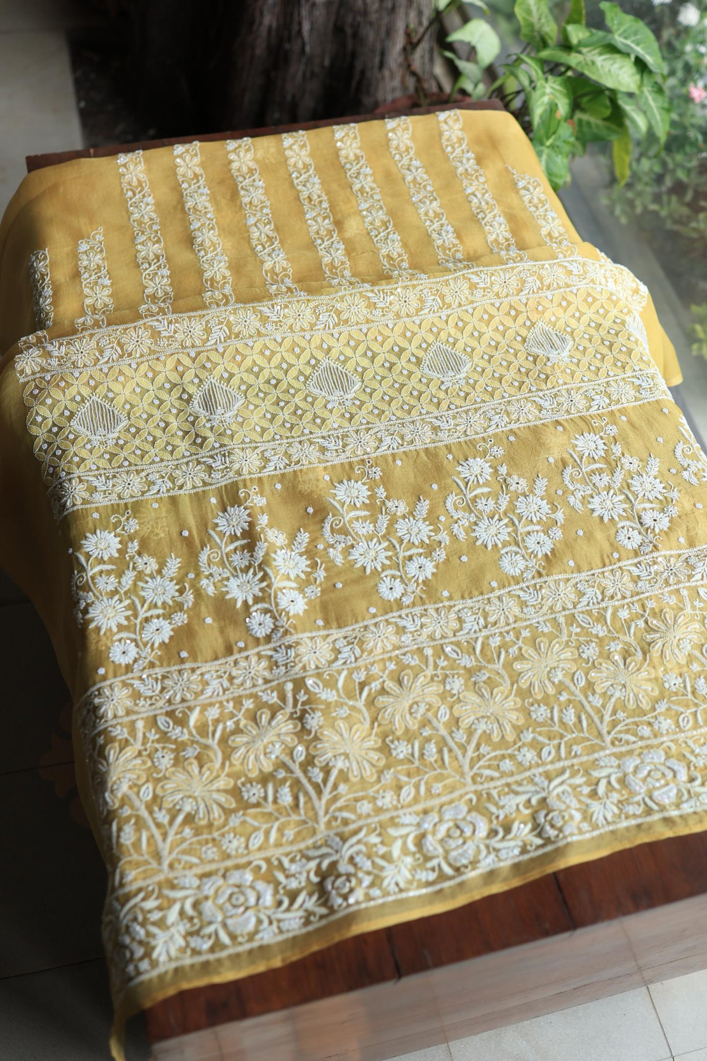 Butter Yellow Noor Organza Banarasi Silk Chikankari Unstitched Kurta Dupatta Set