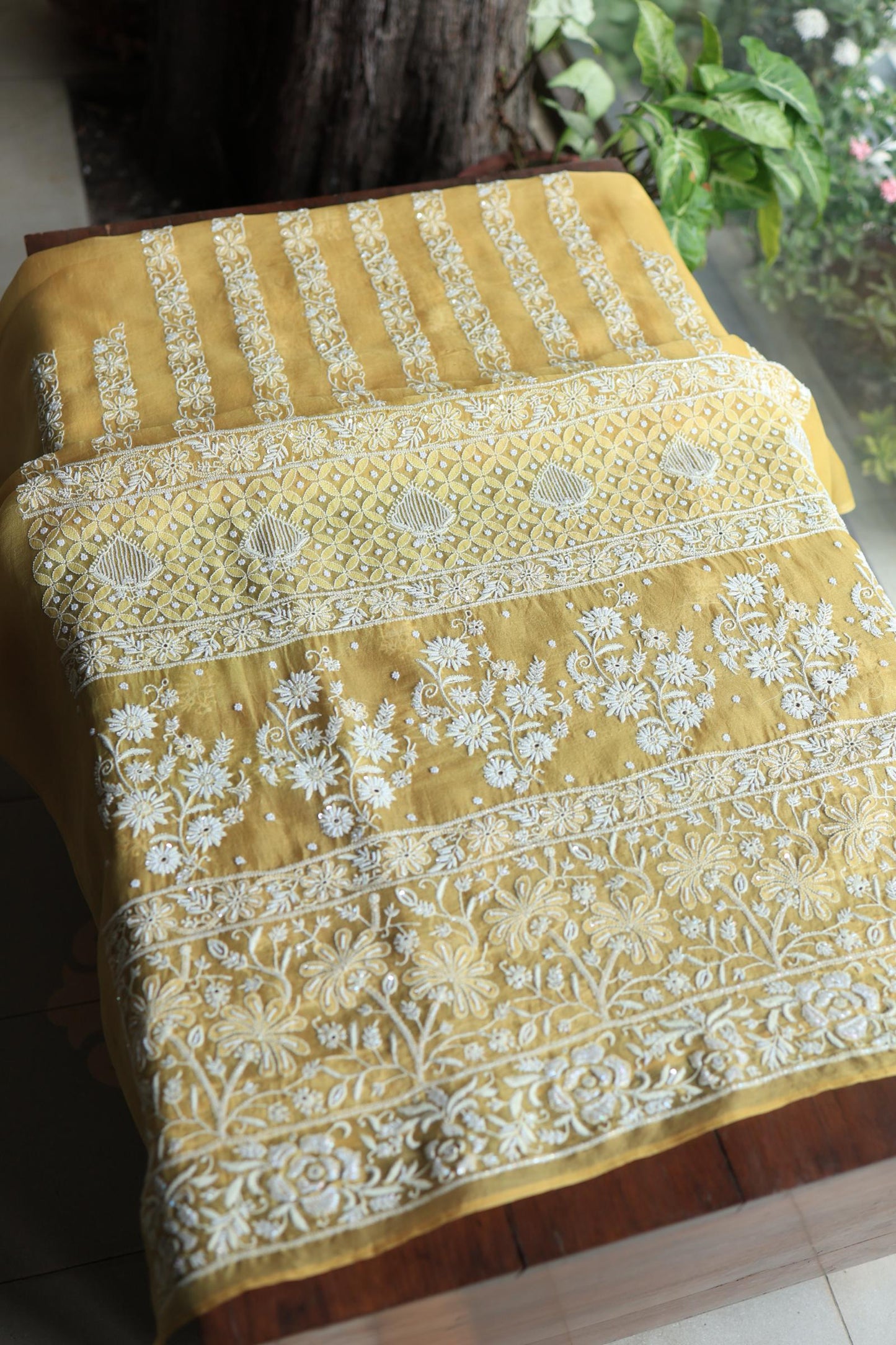 Butter Yellow Noor Organza Banarasi Silk Chikankari Unstitched Kurta Dupatta Set