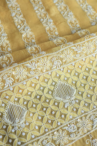 Butter Yellow Noor Organza Banarasi Silk Chikankari Unstitched Kurta Dupatta Set