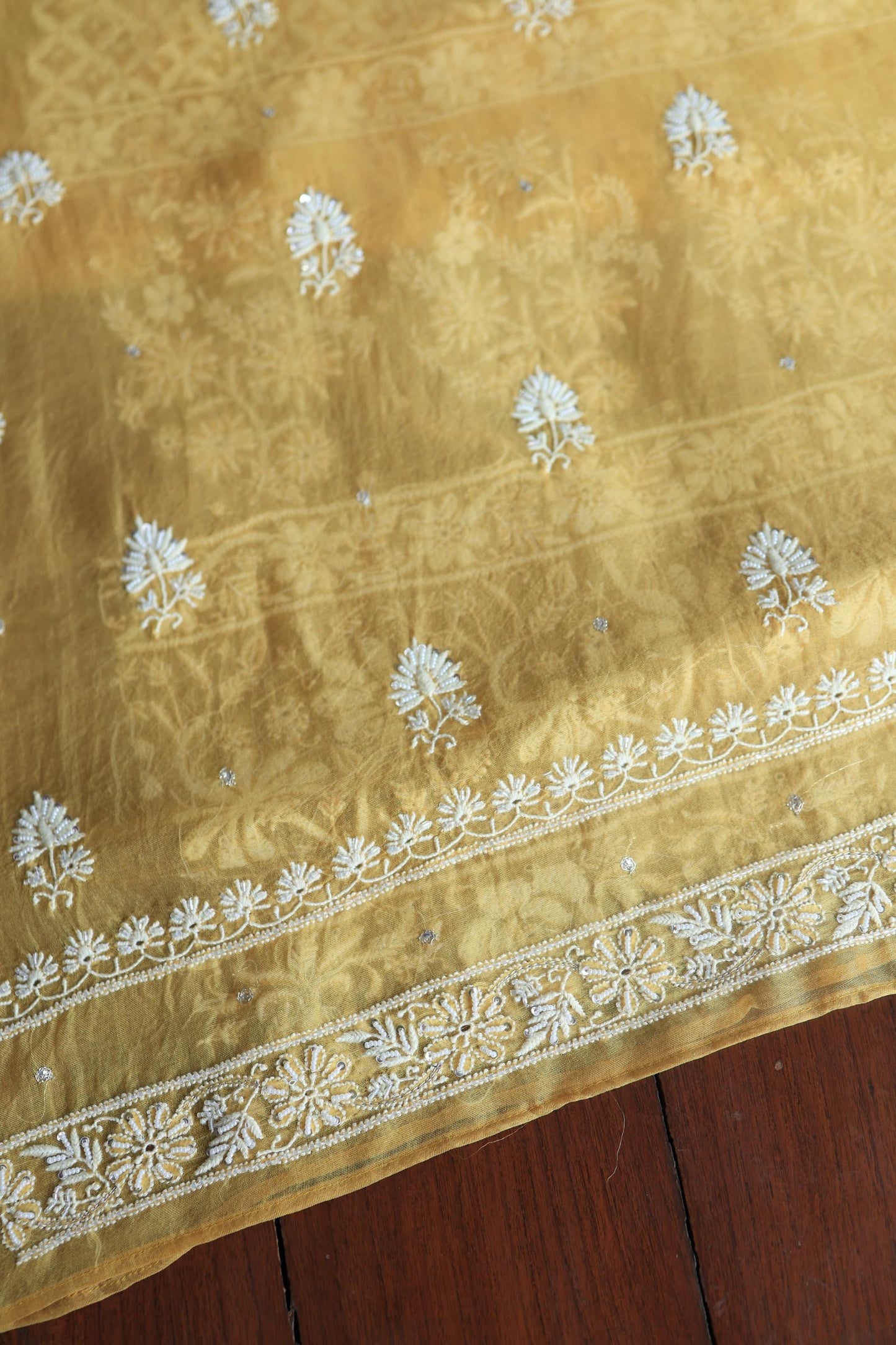 Butter Yellow Noor Organza Banarasi Silk Chikankari Unstitched Kurta Dupatta Set