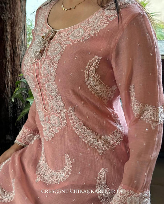 Peach Crescent Chandbala Chikankari Kurta Set