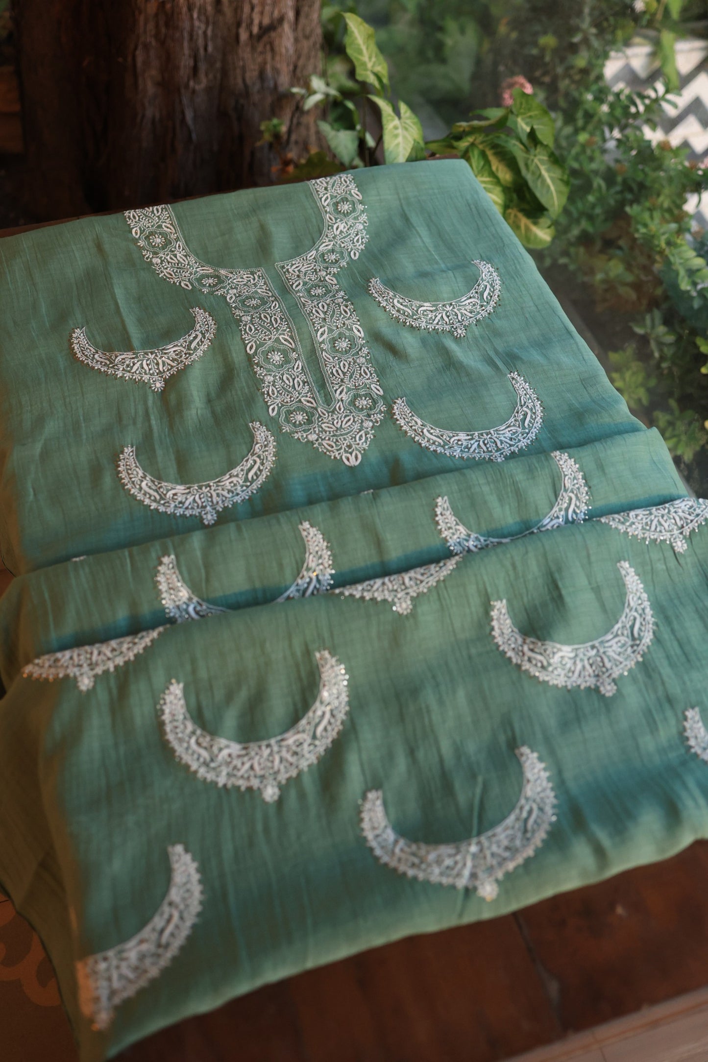 Cactus Green Crescent Chandbala Kamdani Chikankari Unstitched Fabric