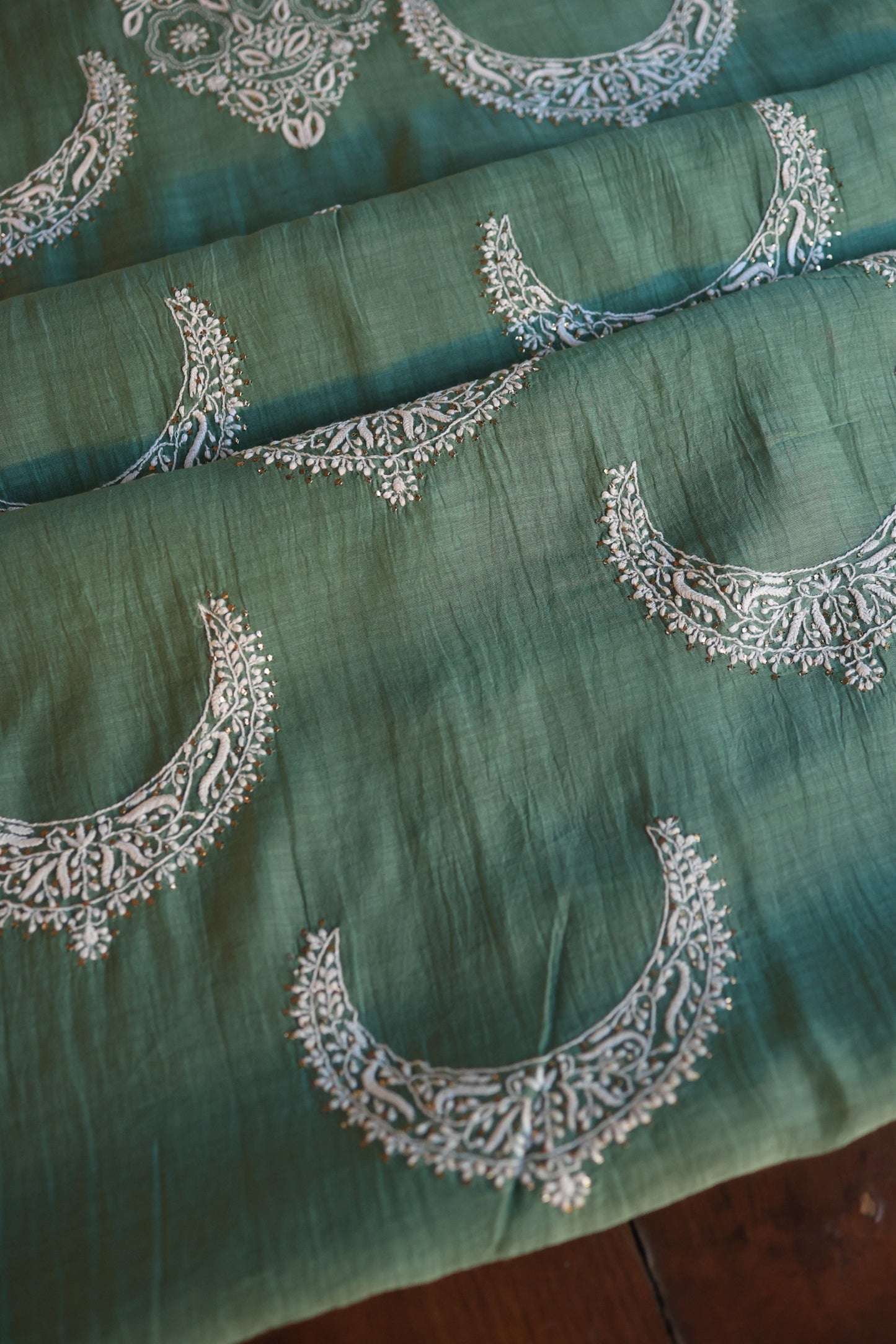 Cactus Green Crescent Chandbala Kamdani Chikankari Unstitched Fabric