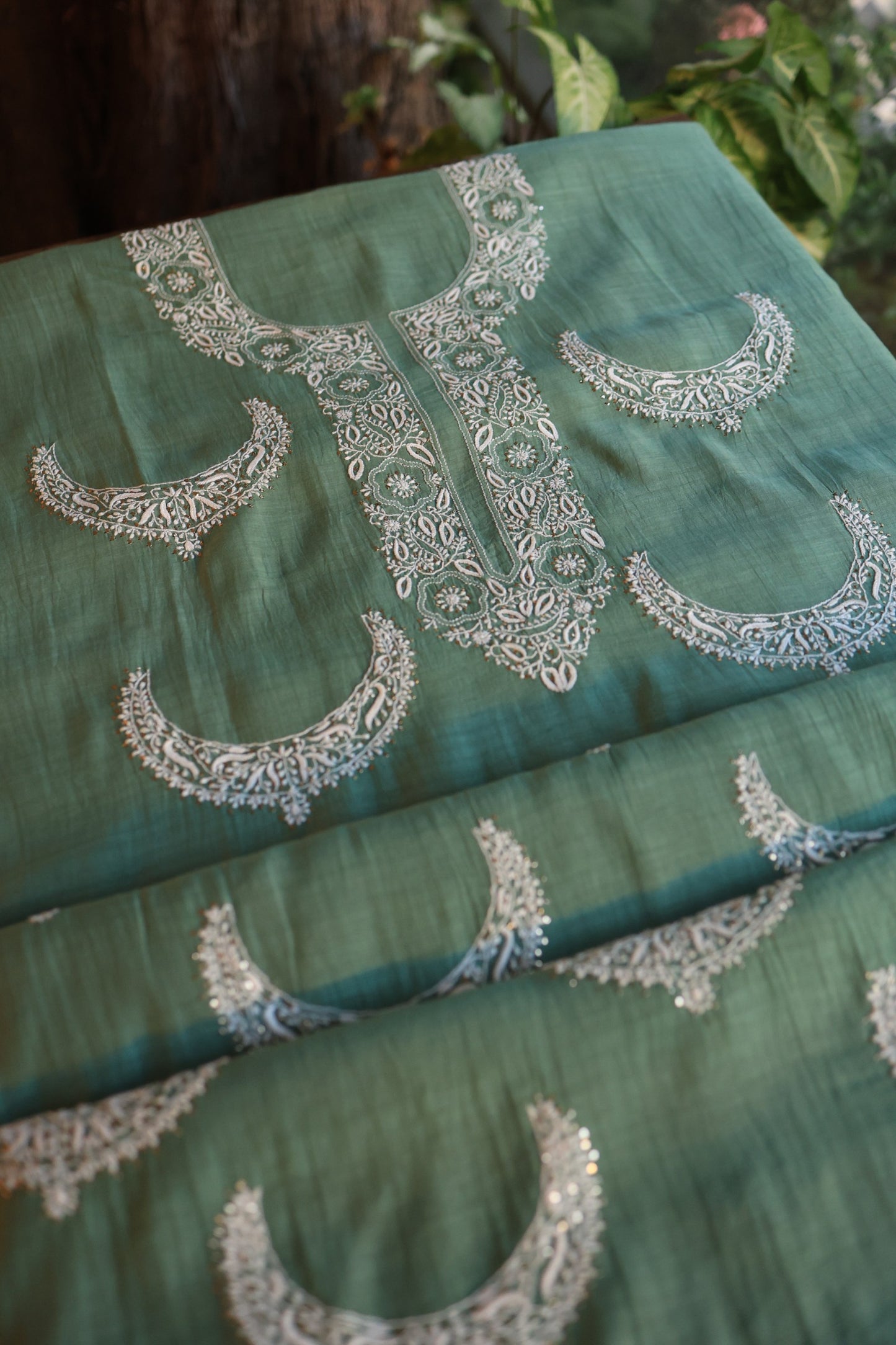 Cactus Green Crescent Chandbala Kamdani Chikankari Unstitched Fabric