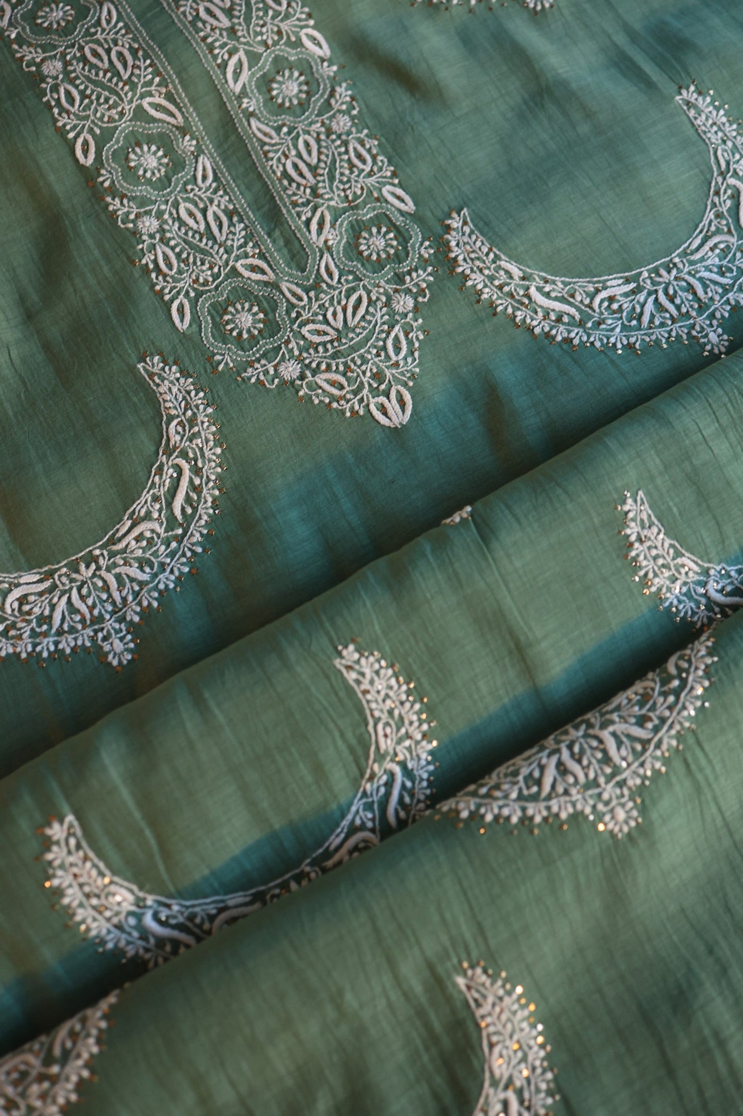 Cactus Green Crescent Chandbala Kamdani Chikankari Unstitched Fabric