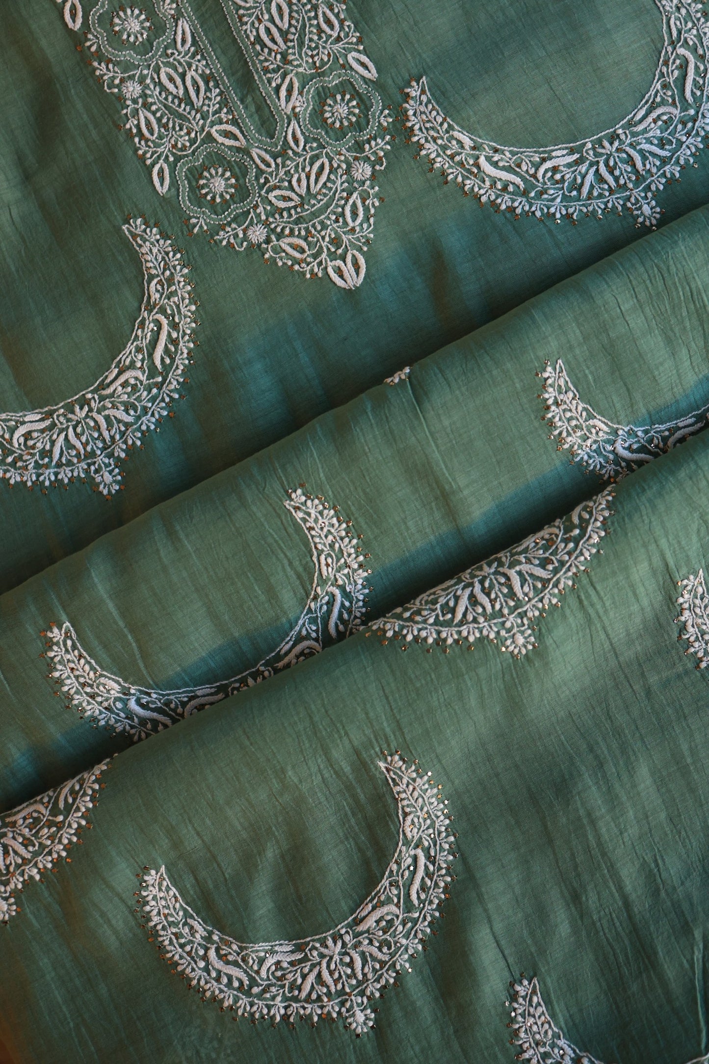 Cactus Green Crescent Chandbala Kamdani Chikankari Unstitched Fabric