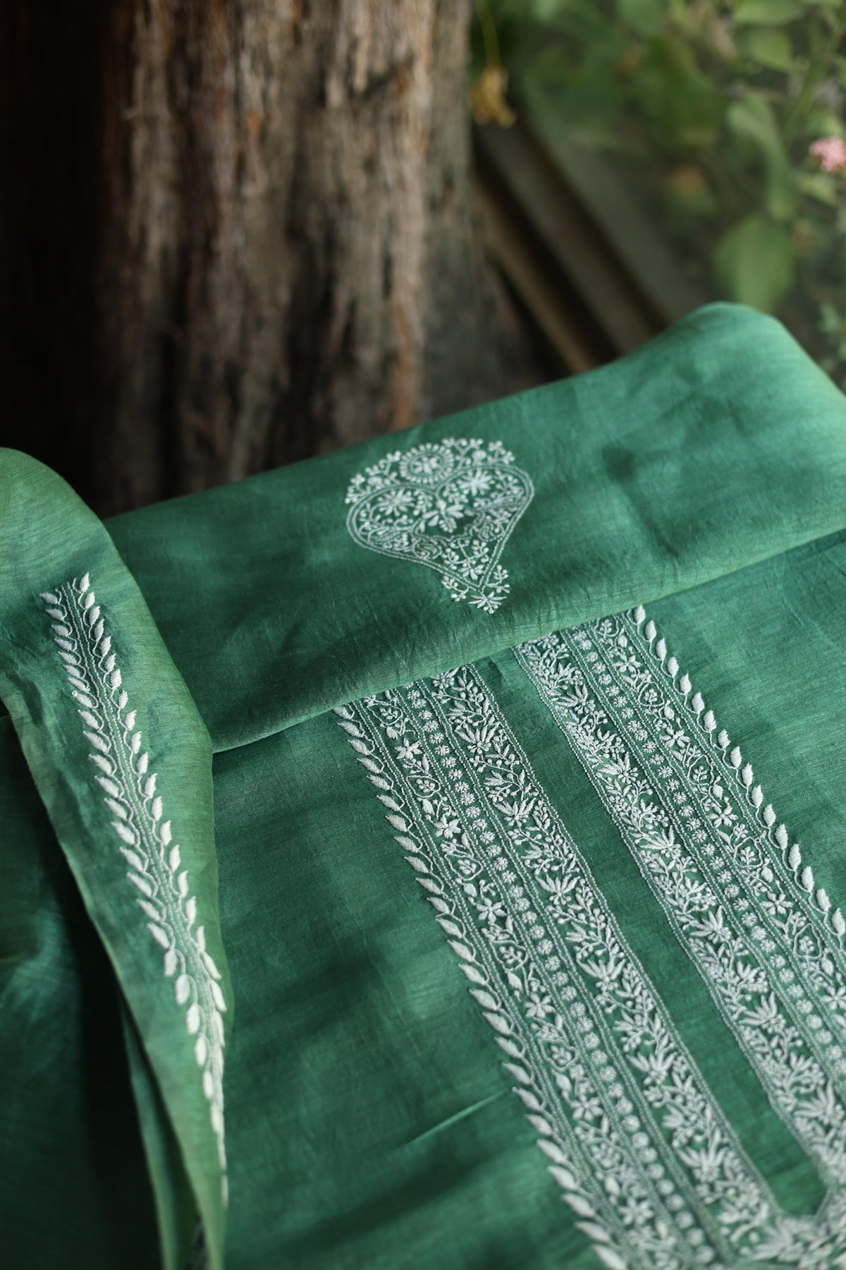 Cactus Green Shade Linen Chikankari Unstitched Men's Kurtas Fabric