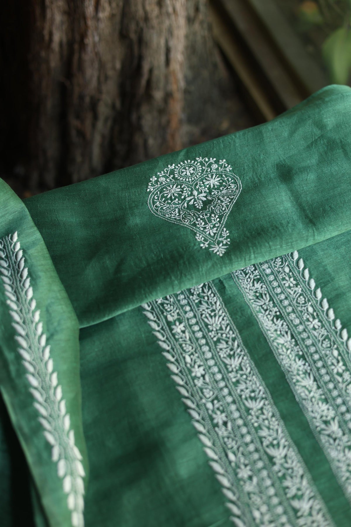 Cactus Green Shade Linen Chikankari Unstitched Men's Kurtas Fabric