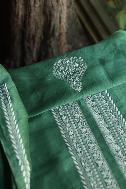 Cactus Green Shade Linen Chikankari Unstitched Men's Kurtas Fabric