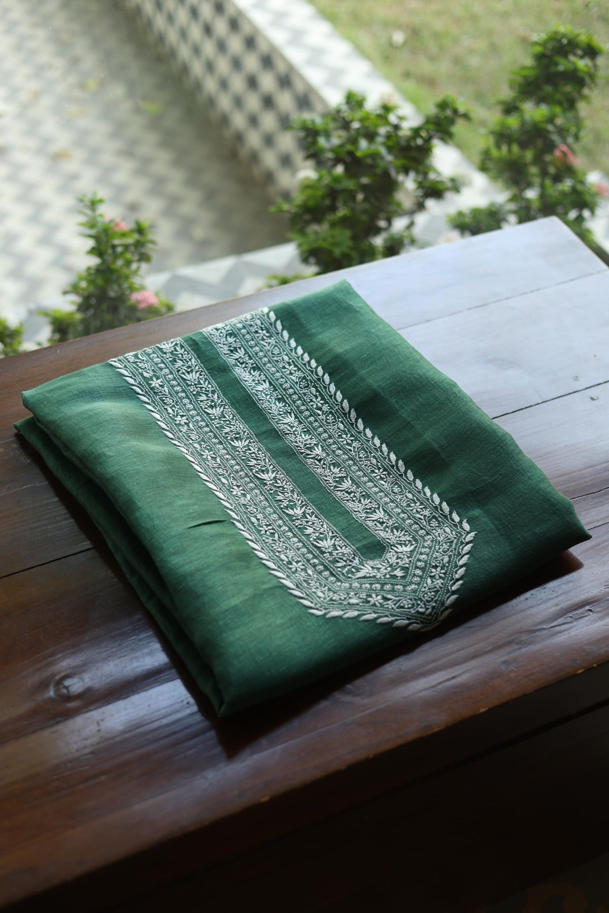 Cactus Green Shade Linen Chikankari Unstitched Men's Kurtas Fabric