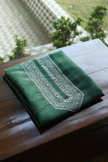 Cactus Green Shade Linen Chikankari Unstitched Men's Kurtas Fabric