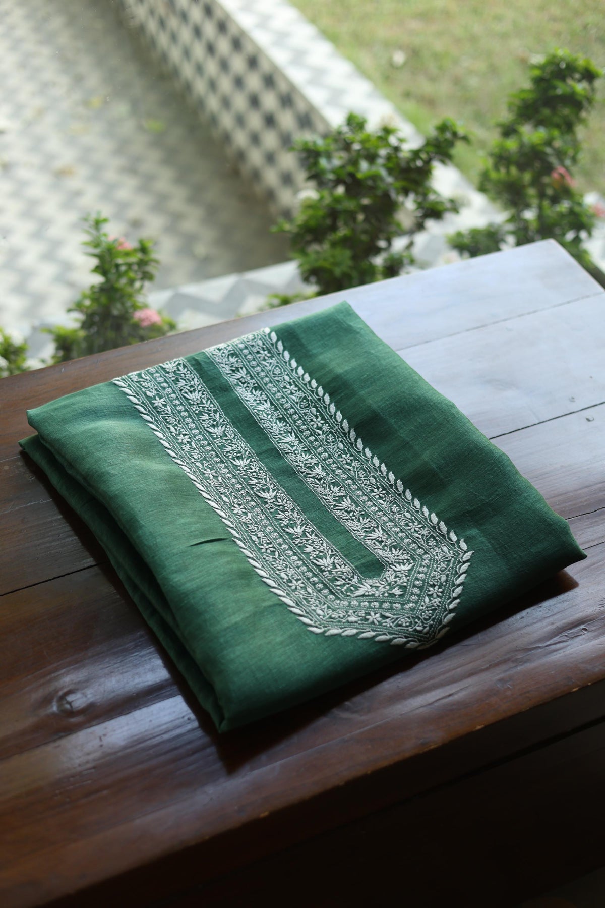 Cactus Green Shade Linen Chikankari Unstitched Men's Kurtas Fabric