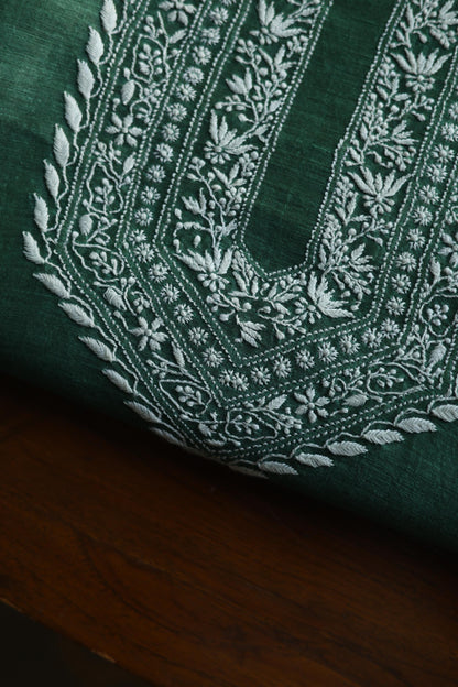 Cactus Green Shade Linen Chikankari Unstitched Men's Kurtas Fabric