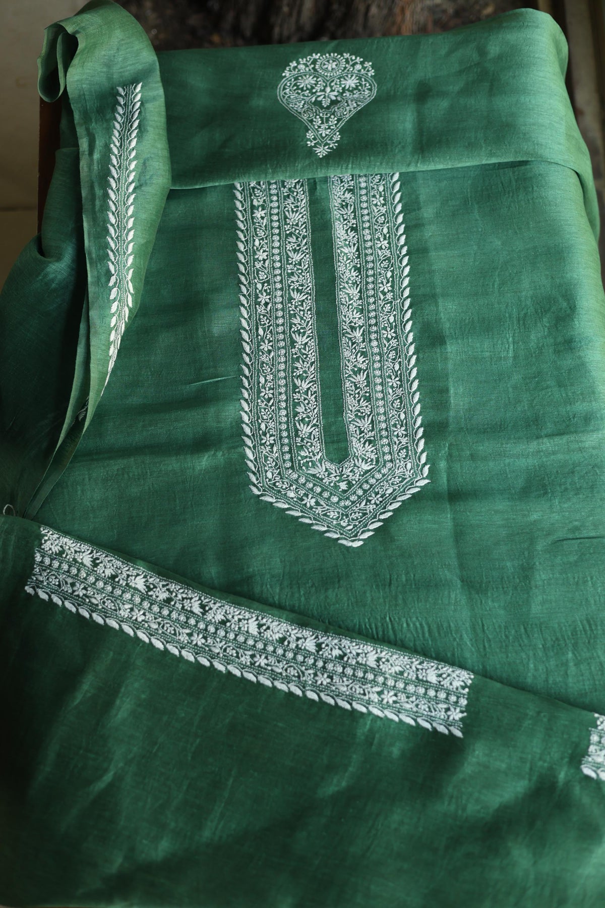 Cactus Green Shade Linen Chikankari Unstitched Men's Kurtas Fabric