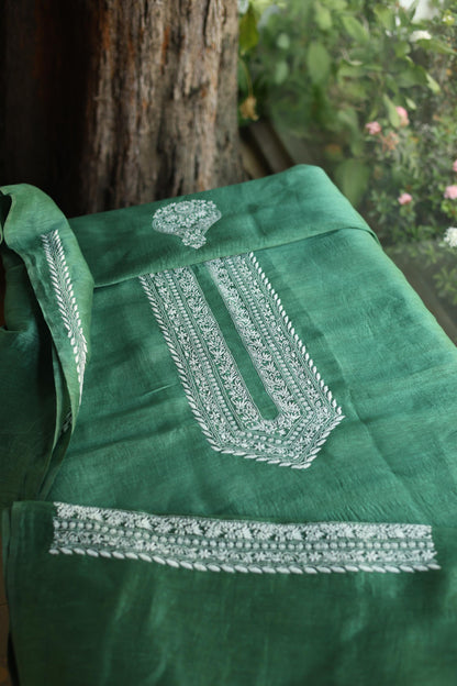 Cactus Green Shade Linen Chikankari Unstitched Men's Kurtas Fabric