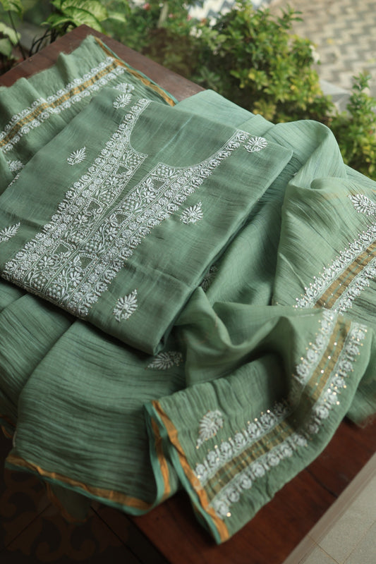 Cactus Green Shade Mal Cotton Chikankari Unstitched Fabrics With Kamdani