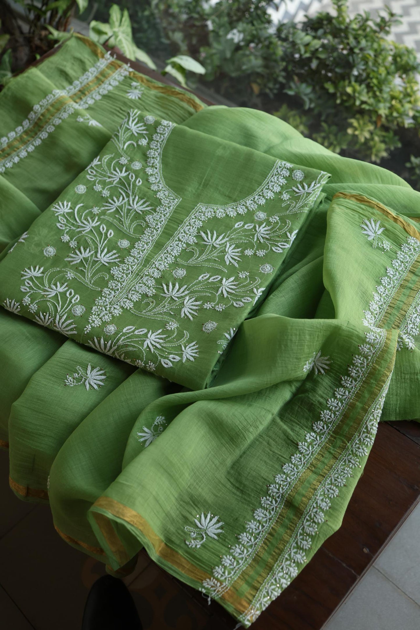 Cactus Green Shade Mal Cotton Fine Chikankari Unstitched Fabric