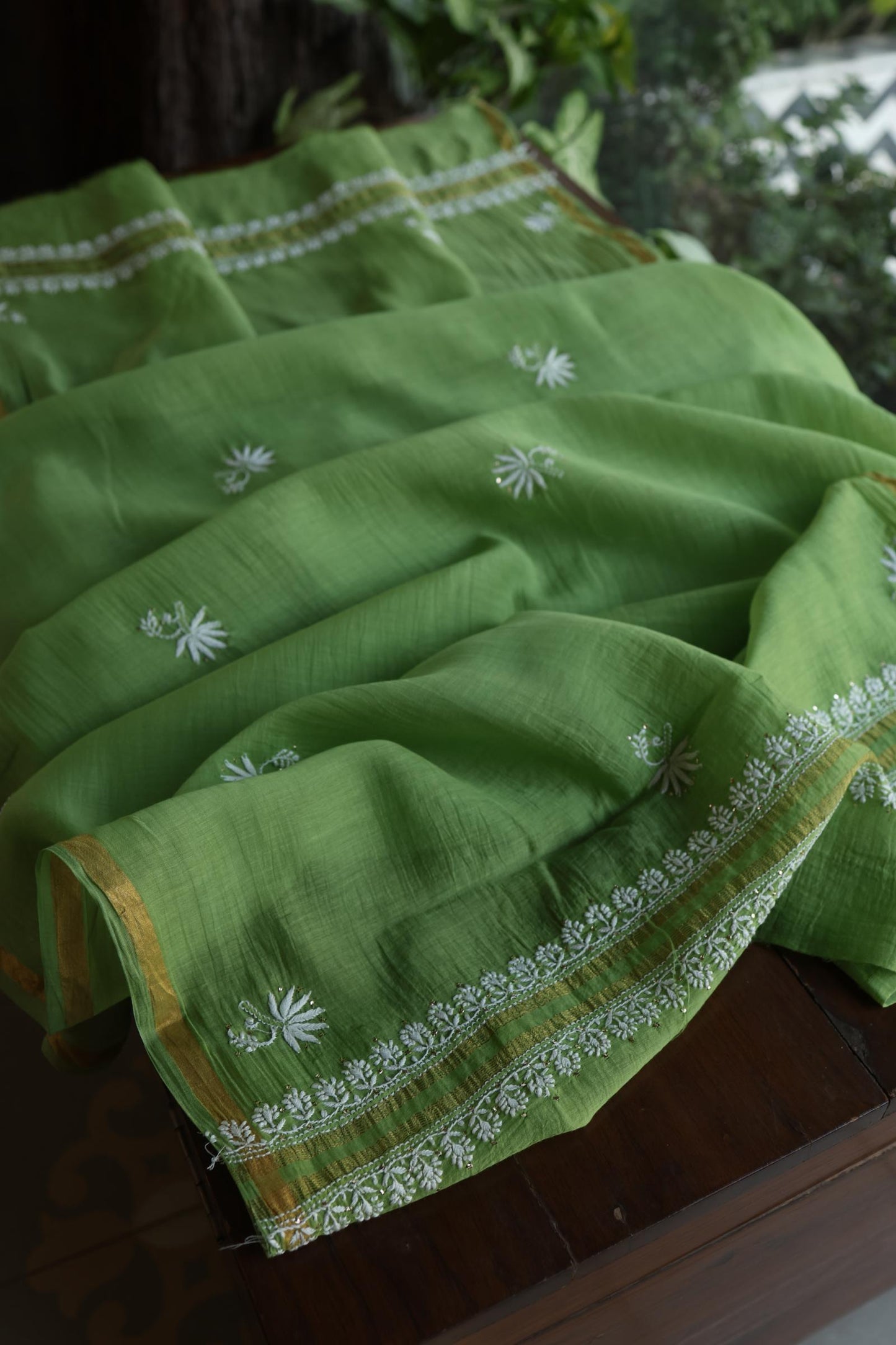 Cactus Green Shade Mal Cotton Fine Chikankari Unstitched Fabric