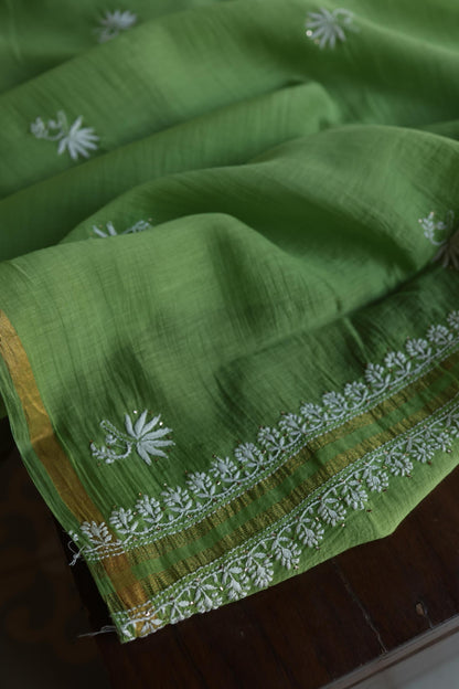Cactus Green Shade Mal Cotton Fine Chikankari Unstitched Fabric