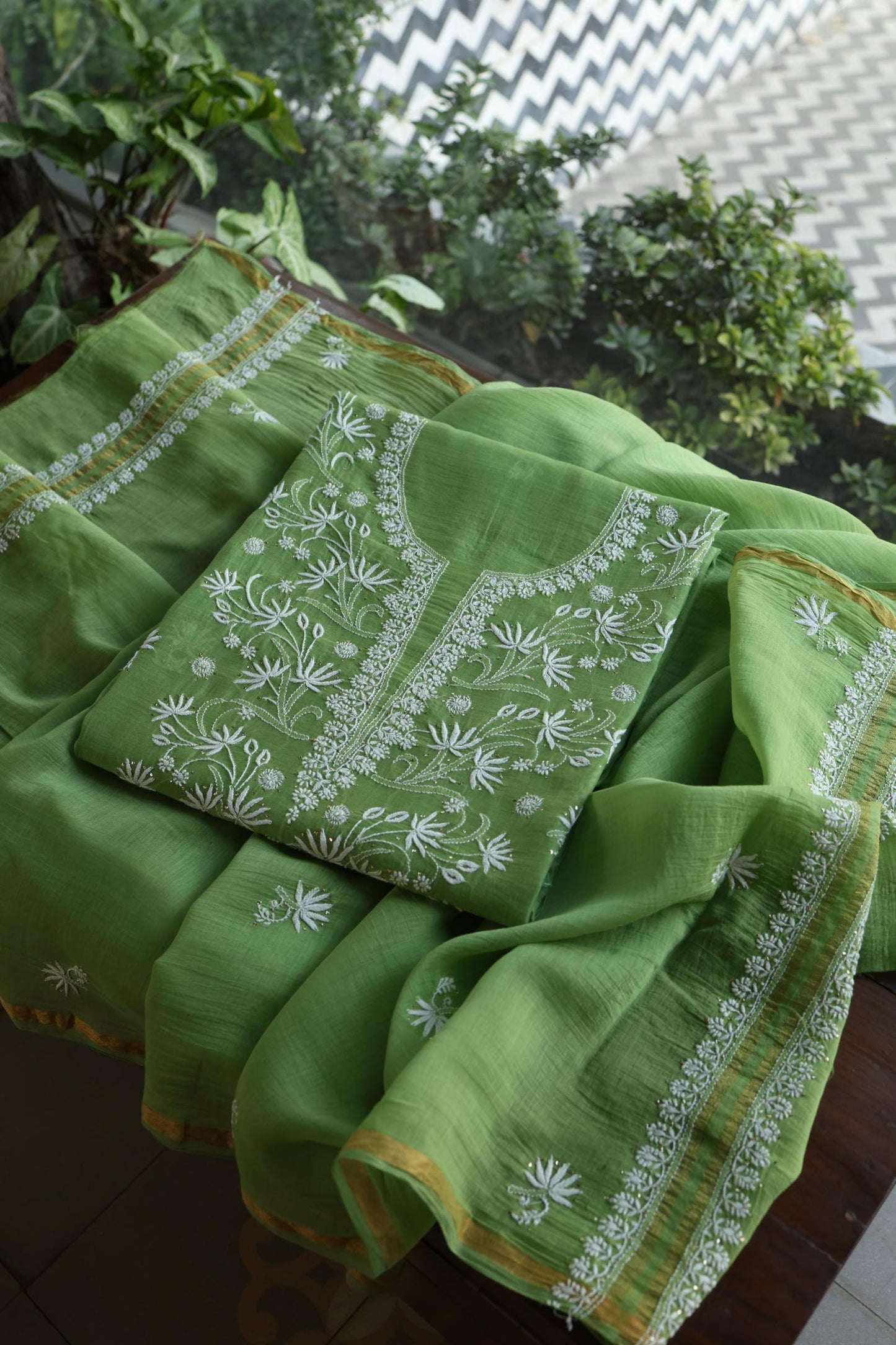 Cactus Green Shade Mal Cotton Fine Chikankari Unstitched Fabric